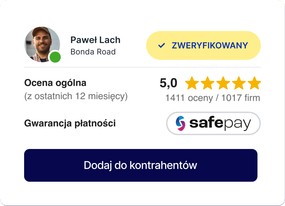 Profil zweryfikowanej firmy: ocena 5,0 i gwarancja płatności SafePay