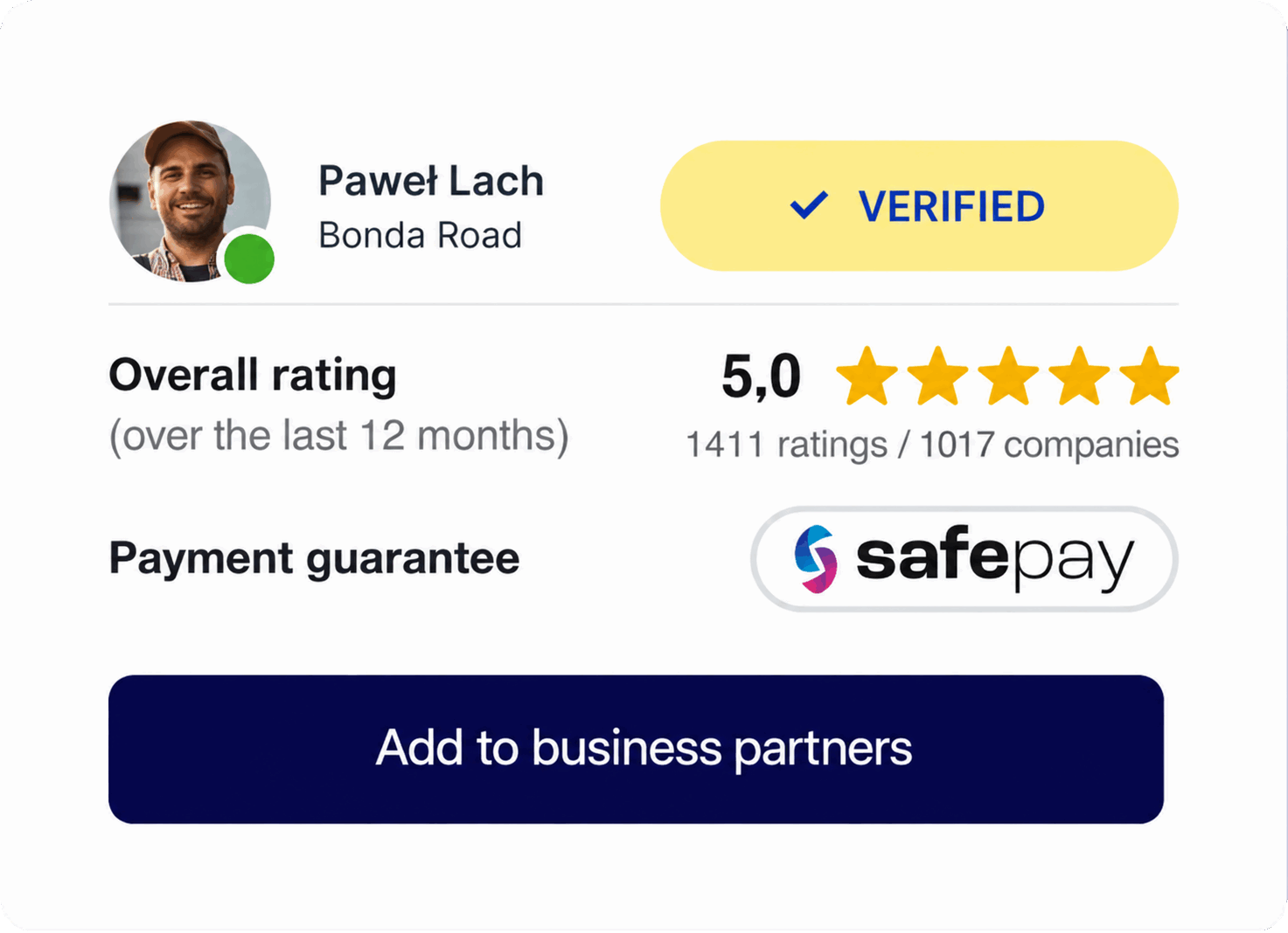 Verified company profile: 5.0 rating and SafePay payment guarantee