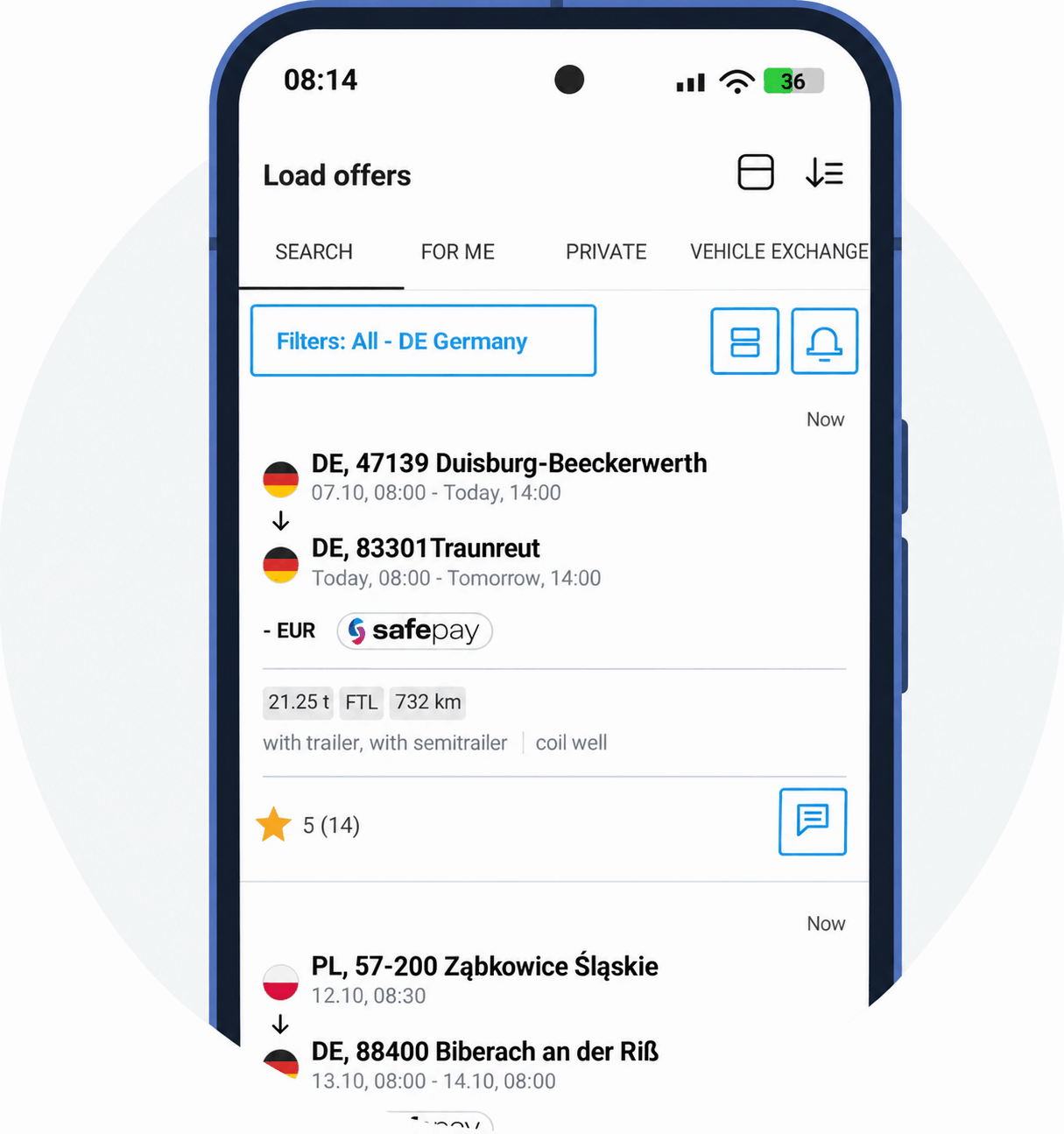 Trans.eu mobile app — list of freight offers
